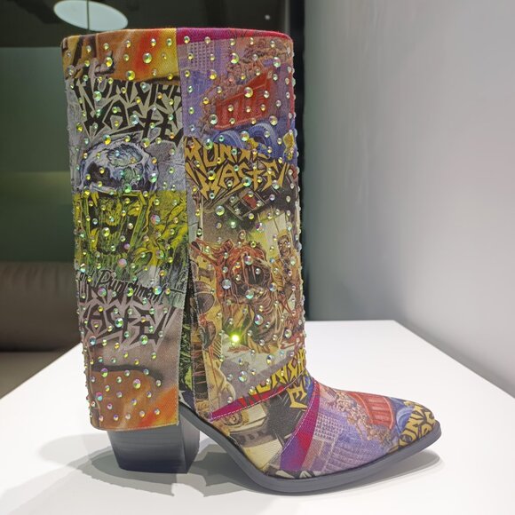 Punk Western Cowboy Boots With Rhinestones & Random Graffiti Mix - Picture 2 of 5